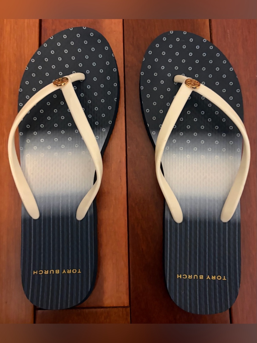 Tory Burch Navy Ombre Thin Flip Flops with Cream Straps - Size 8